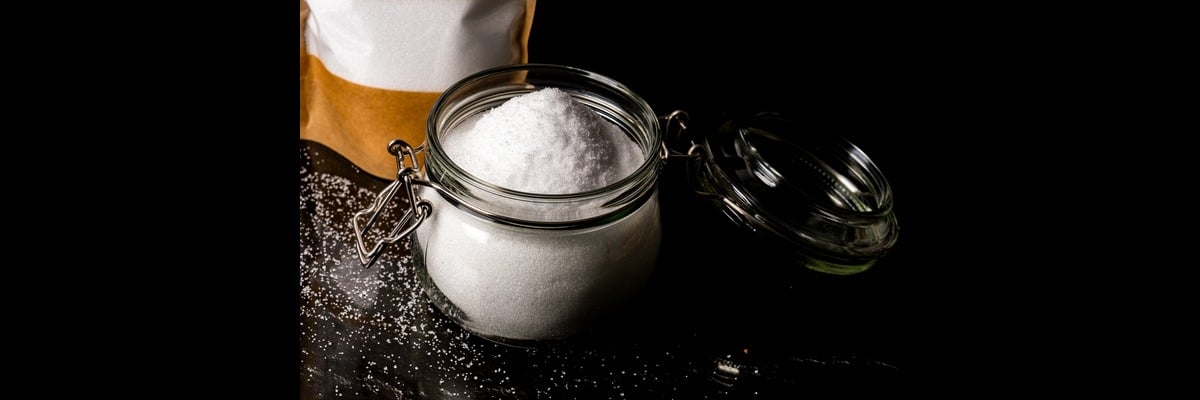 Sugar in glass jar container 1200x400
