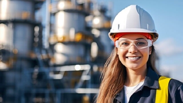 A portrait of smiling female engineer at an oil refinery HVO 640x360